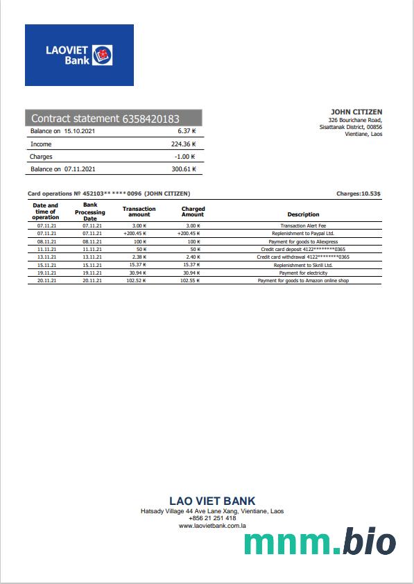 Szablon wyciągu bankowego Laos LCNB w programie Word i PDF